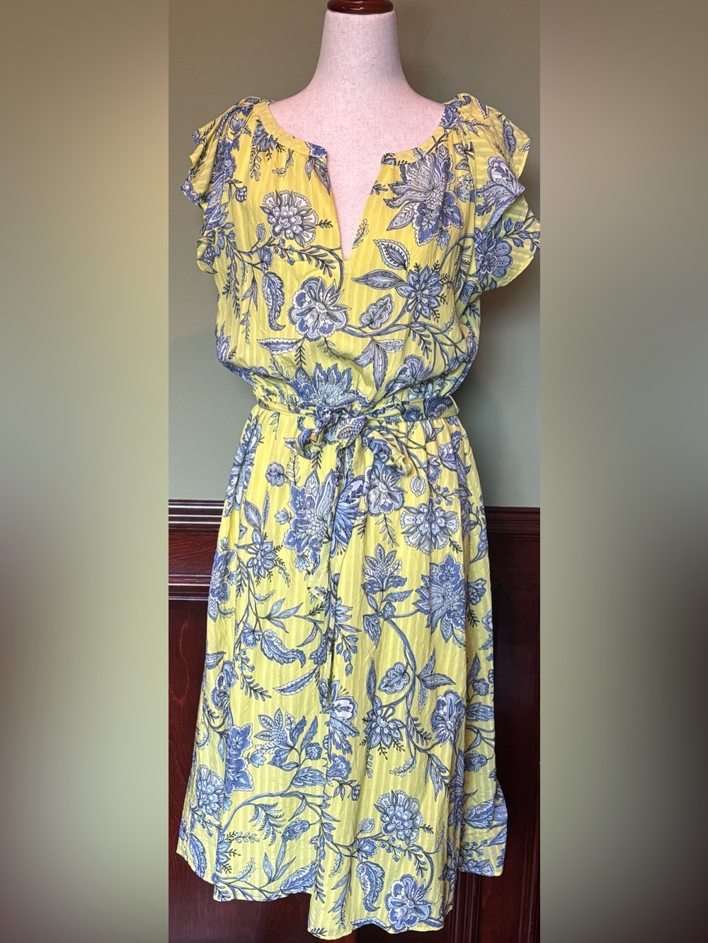 LOFT Yellow Dress with Blue Floral Print